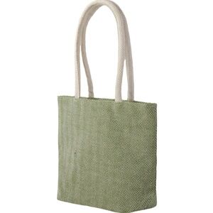 Eco-Friendly Herringbone Vegan Jute Green Tote Handbag w White Satin Lining